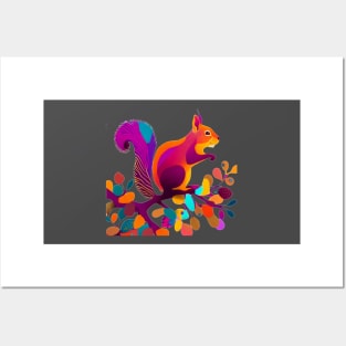 A whimsical, colorful squirrel perched on a branch Posters and Art
